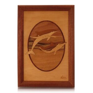 Hudson River Inlay Wood Marquetry Art Dolphin Plaque Signed Jeff Nelson 6.5x9.5